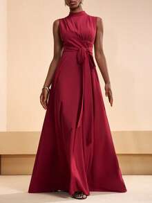 Zivah 2026 Spring & Summer New Arrival, Suitable For Valentine's Day, Wedding Season, Music Festival, Easter, Western Style, Nomadic Style, Bohemian, Nashville, Party, Wedding, Gala, Date, Gathering, Birthday, College Style, Student Wear, Daily Casual, Basic Versatile, Casual, Vacation, Cruise Travel, Beach, Sunbathing, Trending, Elegant, Commute, Business Casual, Small Stand Collar, Front Pleated, Waist Tie, Flowy, Fitted Long Dress, Wine Red Dress, Spring & Summer Dress, Party Dress, Elegant Dress, Women Dress - Burgundy - View 5