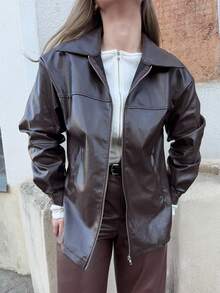 Jeta Ari Fashionable Versatile Commuter PU Regular Jacket, Autumn - Brown - View 3