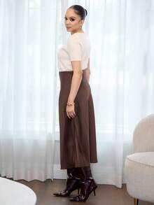 Melissa Matos Women's Satin Skirt, Versatile Fish Tail Hem Skirt, Everyday Wear, Brown Skirt - Coffee Brown - View 5