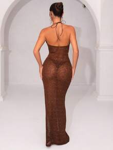 juhmazzocco Spring/Summer Solid Brown Coffee Color Tight-Fitting Sheer Mesh Knitted Crochet Starfish Decal Bodycon Mini Dress, Beach Cover-Up, Crochet Dress, Summer Dress,Valentine's Day,Valentine Outfits For Women - Brown - View 2