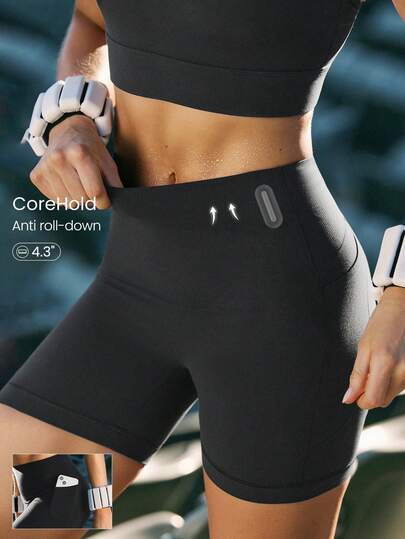 GLOWMODE 4.3" FeatherFit™-Sculpt CoreHold Buttery-Soft Stretchy No Front Seam Tummy Control Side Pockets Biker Shorts Medium Impact Training Running Workout Gym Wear