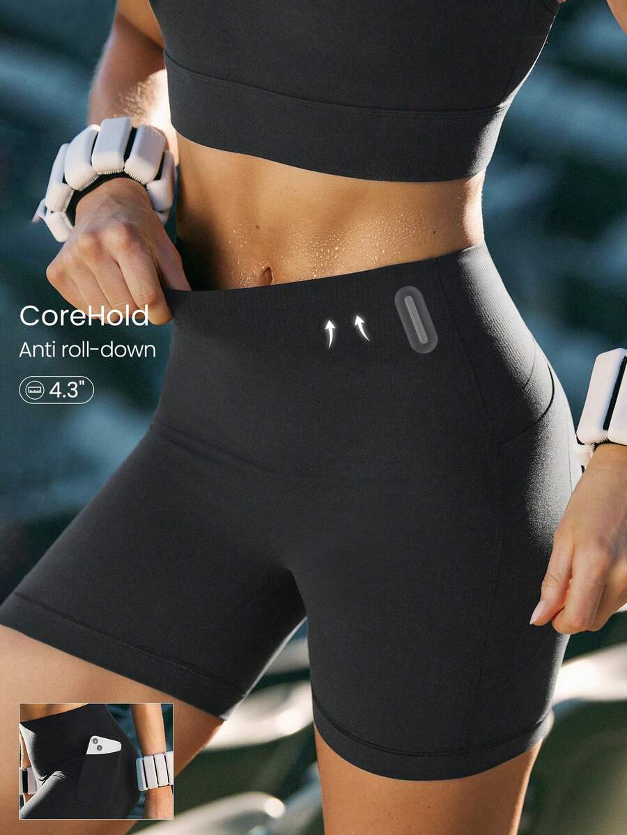 GLOWMODE 4.3英寸 FeatherFit™-Sculpt CoreHold 柔软弹力无前缝收腹侧袋骑行短裤，适合中等强度训练、跑步、健身。 - 黑色 - 查看 1