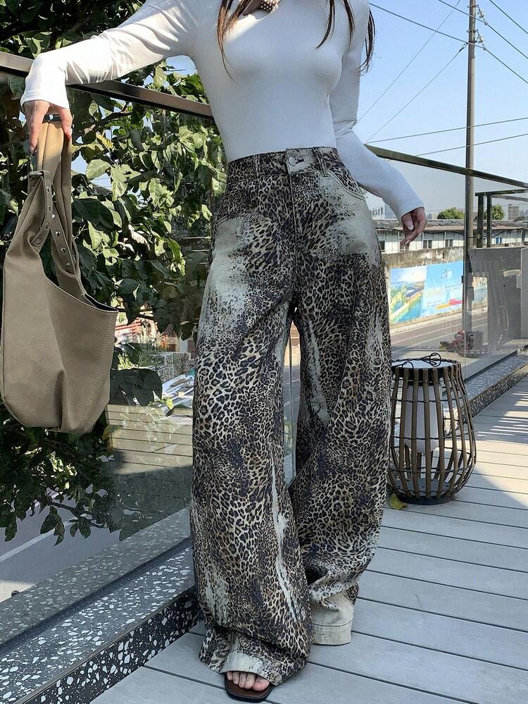 Women's Loose Fit All-Over Leopard Print Relaxed Denim Jeans