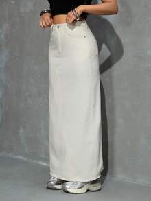 Jeanoix 女士休闲日常办公通勤简约纯色高腰超长牛仔裙 - 杏色 - 查看 4