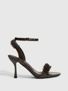 CUCCOO SZL 女士毛绒拼接搭扣设计优雅高跟凉鞋 - 棕色 - 查看 7