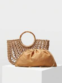 MOTF PREMIUM WOMEN'S FASHION HOLIDAY STRAW HOLLOW PORTABLE TOTE BAG, SUITABLE FOR VACATION TRAVEL - Camel - View 4