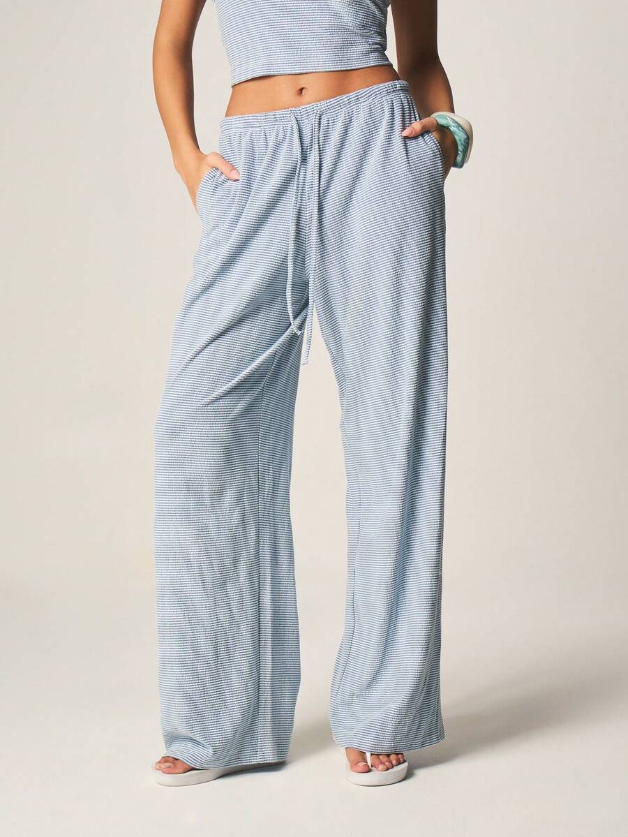 MISSGUIDED Women's Horizontal Striped Wide Leg High Rise Palazzo Pants With Side Pockets Elastic Waist Casual Summer Trousers - Multicolor - View 1