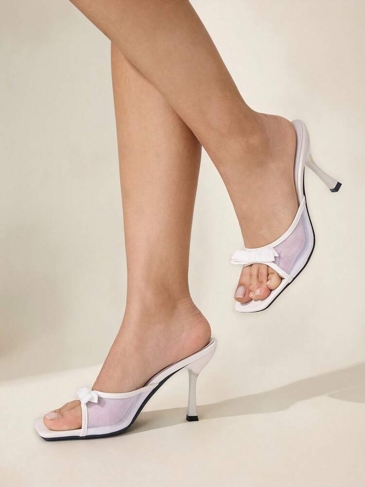 CUCCOO CHICEST Women's Square Toe Bow Decor Elegant High Heel Slide Sandals Elegant Shoes Wedding Shoes
