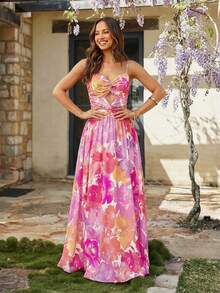 KARISMINA 印花扭结镂空开衩吊带长裙，情人节连衣裙，女士度假装 - 粉色 - 查看 4