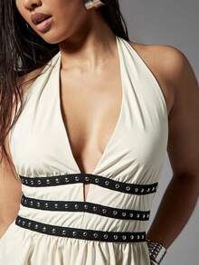 Denimoi Women's Halter Neck Ruched Casual Versatile Sleeveless Top For Daily Wear - Apricot - View 2