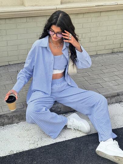 Aidyla Women's 3 PiecesSet: Blue Woven Textured Long Sleeve Shirt, Casual Vest, And Straight Leg Pants, Spring/Summer