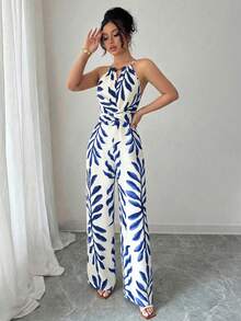 Elenzga petite Bộ jumpsuit nữ thanh lịch, thoải mái, màu be chủ đạo phối họa tiết nâu, chất liệu vải lanh, cổ yếm, đính hạt cườm và thắt nơ ở eo, thích hợp cho mùa xuân/hè. - Màu xanh lam - Xem 4