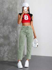Jeans casuales tipo mom de mezclilla con bolsillos para mujer, para combinar con todo - Verde - Ver 7