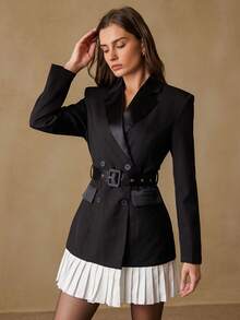 Revavyn New Elegant Women Fitted Colorblock Satin Hem Pleated Waist Blazer Jacket - Black - View 3