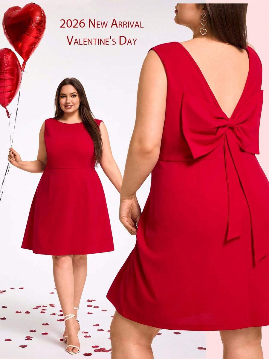 SHEIN CURVE+ 加大码/情人节/大码女士纯色蝴蝶结装饰无袖短款优雅连衣裙，婚礼宾客连衣裙，女士加大码红色连衣裙，加大码鸡尾酒会连衣裙，红色蝴蝶结连衣裙，加大码蝴蝶结连衣裙，情人节连衣裙 - 紅色 - 查看 1