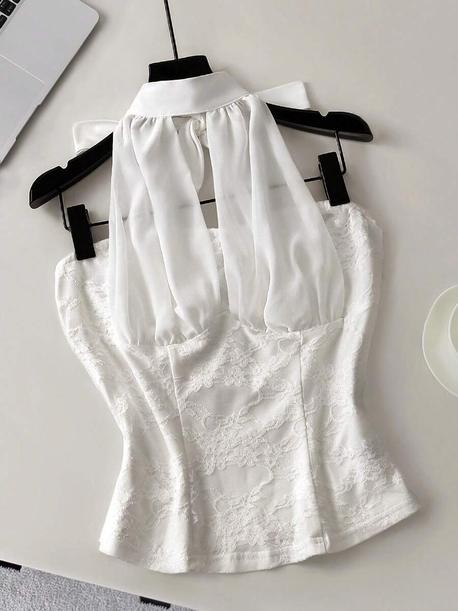 Airaco Women's Elegant Jacquard Backless Tie-Front Halter Top, Sexy Beach Vacation Style - White - View 1