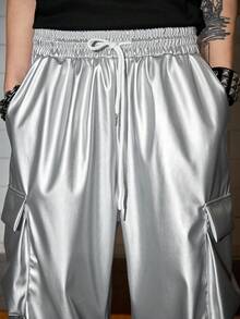 ROMWE MEN Street Life Men's Solid Color Minimalist Casual PU Leather Cargo Pants - Multicolor - View 5