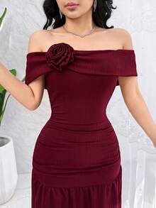 Feyla Elegant Off-Shoulder 3D Floral Dress For Women - Dark Red - View 2