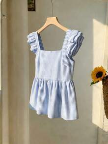 Franclia 2026新款女士蓝白条纹方领衬衫，荷叶边袖口，双层荷叶边饰边，短款休闲办公简约度假风 - 藍白色 - 查看 5