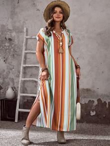 EMERY ROSE 大码夏季度假条纹V领蝙蝠袖侧开衩连衣裙，夏季沙滩度假装，波西米亚风女装，度假连衣裙，条纹夏季连衣裙，夏季休闲连衣裙，长款夏季连衣裙，女士夏季连衣裙，女士野餐连衣裙，女士沙滩装，女士休闲连衣裙，女士夏季沙滩装，女士休闲度假装，女士乡村音乐会服装，荷叶边 - 彩色 - 查看 4