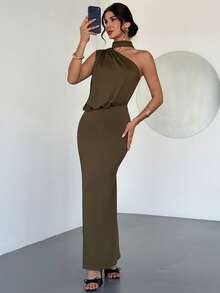 Firerie 女士优雅简约浪漫端庄宴会派对假日婚礼宾客度假不对称领口单肩垂褶修身亮面橄榄绿超长连衣裙 - 橄欖綠 - 查看 5