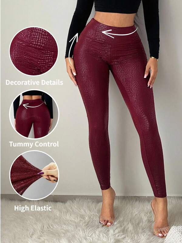 SHEIN SXY Plus Size Women's Fashionable Sexy Crocodile Texture, Angora Red PU Leggings, Suitable For Dates, Gatherings, Parties, Clubs, Nightlife Valentine's Day, Suitable For Banquet, Feast, Dinner Party, Prom, Ball, Urban, Versatile, Sexy Office Siren, Cruise Attire, Vintage, Festival, Concert, Carnival, Outing, Richly Layered, Holiday, Date Night, Gathering, Birthday, Cocktail, Formal Event, Valentine's Day,Elegant Dresses For Women,Holiday Dress,Casual Dresses For Women,Festival Dress,Spring Outfit