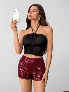 SHEIN Tall 女款酒紅色亮片派對迷你短褲，拉鍊細節閃亮亮片短褲，閃閃發光水鑽亮片短褲，適合高個女性 - 酒紅色 - 查看 4