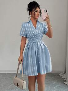 Rafferiza 女士休闲优雅V领交叉系带短袖粉色条纹衬衫裙，夏季 - 淺藍色 - 查看 5