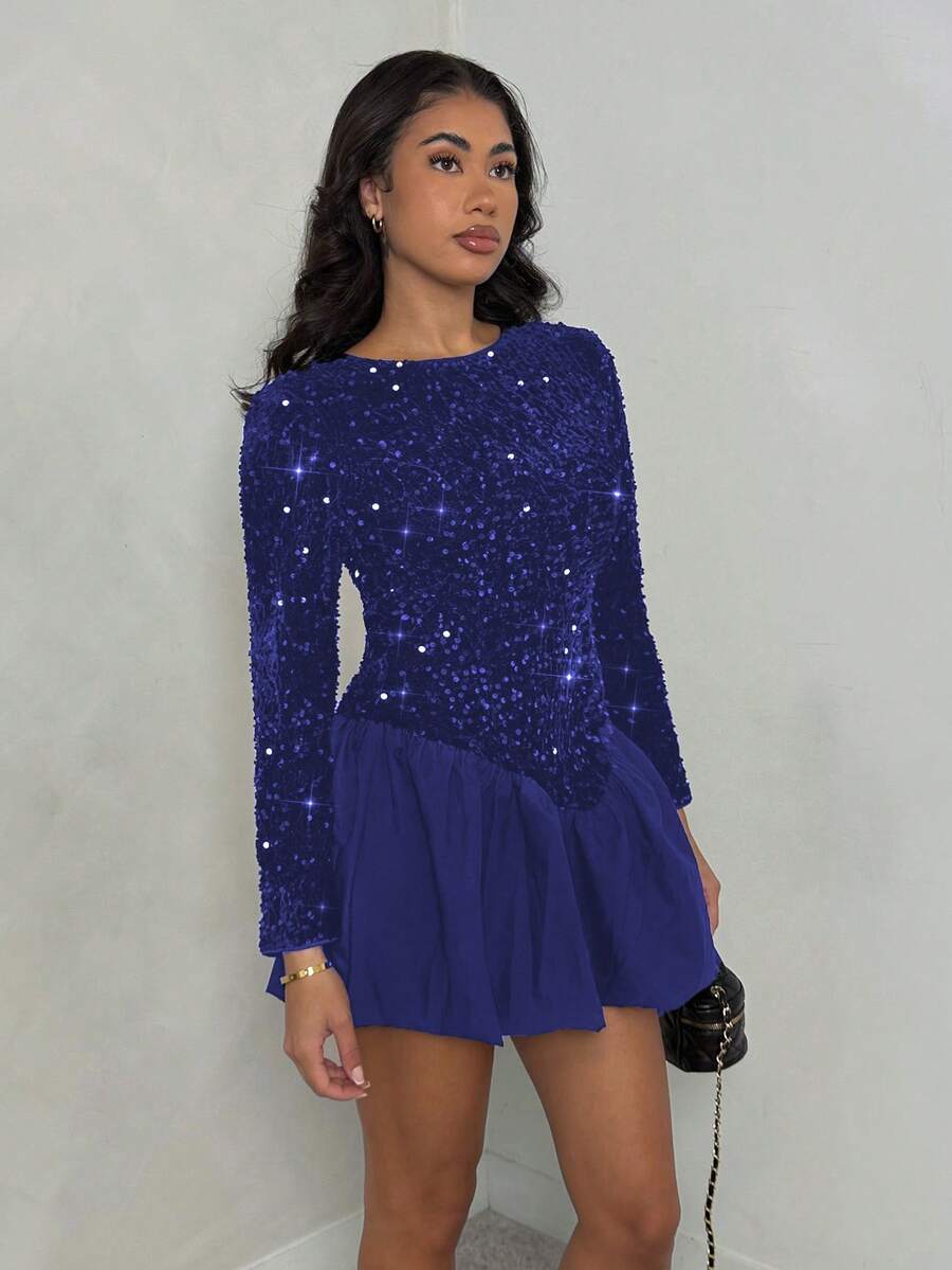 SHEIN Glamour Women's Solid Color Round Neck Long Sleeve Sequin Patchwork Ruffle Hem Elegant Fashion Dress - Blue - View 1
