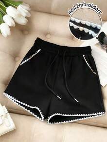 Franclia Women's Retro Y2K Style Minimalist Drawstring Waist Shorts - Black - View 3