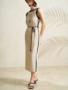 Airaco Women's Casual Sleeveless Tie-Front Contrast Trim Dress, Summer - Apricot - View 3