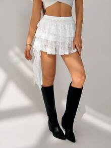 SHEIN Tall Low Waist Vacation Style Casual Sexy White Lace Ruffle Hem Mini Skirt With Shorts To Prevent Exposure - White - View 6