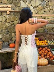 Sunnyshic Women's Strapless Vacation Striped Colorblock Sweater - Baby Pink - View 2