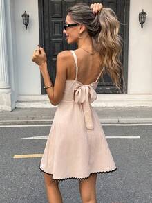 Pariaura Đầm nữ kiểu Pháp INS dây mảnh dáng chữ A cổ vuông xếp nếp hở lưng thắt nơ eo tôn dáng, đầm nữ, quần áo nữ, đầm hè nữ, trang phục hè nữ, đầm chất lượng cao - Màu be - Xem 3