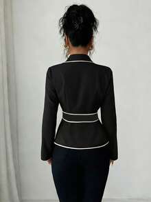 Rafferiza Camisa elegante de oficina para mujer con cuello de chal y mangas largas - Negro - Ver 2