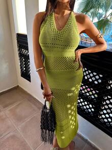 EURMUSE V-Neck Open-Knit Halter Maxi Dress In Vibrant Neon Green, Breathable Lightweight Crochet Design For Summer Beach Vacations And Style - Green - View 7
