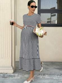 MaterniWear Maternity Striped Round Neck Short Sleeve Ruffle Hem Casual Dress - Blue and White - View 7