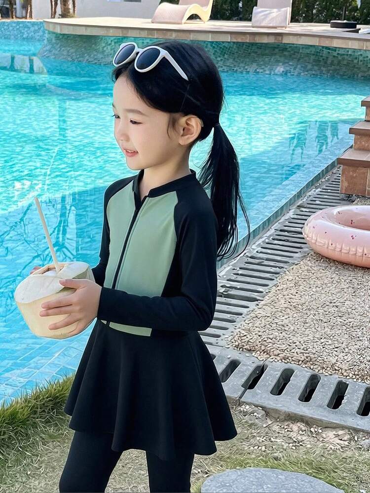 Young Girls Colorblock Long Sleeve Top And Pants Swimwear Set, Fall Summer