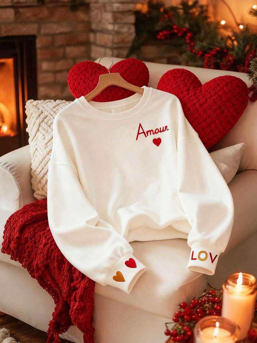Resyla Women's Fashionable Heart Embroidery Crew Neck Sweatshirt, Suitable For Spring/Summer, Valentine's Day Heart Sweater Cute Sweater White Sweatshirt Amour Sweatshirt Valentine Sweater White Sweater Amour Sweater - Beige - View 1