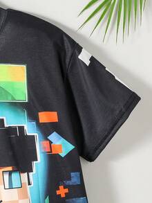 2pcs/Set Boys' Summer Short Sleeve T-Shirt And Shorts Set,Black Casual City Break Style,Digital Printing Anime Character Pixel Design,Loose Fit,Daily - Blue - View 6