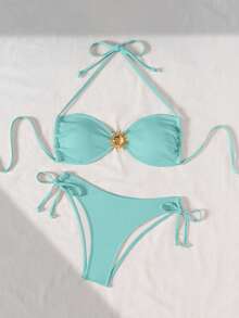 Swim Mod Bộ bikini dây buộc cổ gợi cảm với khóa kim loại, chất liệu vải có họa tiết. - Màu xanh lam - Xem 6
