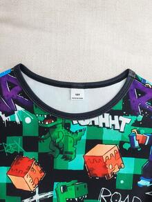 Tween Boy Summer New Game Character Dinosaur Cool Letter Print Short Sleeve Top And Shorts Casual Pajama 2 Pieces Set - Green - View 3