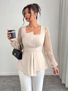 Elenzga Blus Elegan Wanita Ukuran Plus dengan Kerah Asimetris, Pinggang Ramping, Model A-Line, Bordir Jala, dan Patchwork, Cocok untuk Musim Gugur/Dingin - Aprikot - View 4