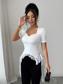 Elenzga Áo thun nữ màu trắng dệt kim thanh lịch, thời trang, cổ tim, tay ngắn, ôm eo, vạt áo bất đối xứng, trang trí ren, thích hợp cho đi làm, dạo phố, phong cách lãng mạn Pháp, thường ngày, retro Trung Đông, tiệc trà chiều, dự tiệc, mùa xuân/hè. - trắng - Xem 6