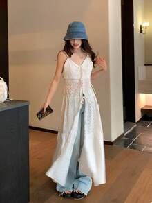 DAZY 女士波西米亚蕾丝拼接吊带连衣裙，多层沙滩罩衫连衣裙，开衩设计，度假风长裙 - 白色 - 查看 1