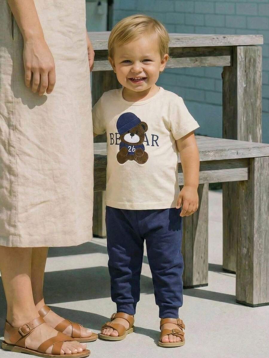 Cozy Pixies 2pcs/Set Young Boy Cartoon Bear Pattern Knit Soft Round Neck Short Sleeve Top And Elastic Waist Pants Set,Boy Cotton Linen Summer Outfit Clothes - Blue - View 1