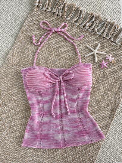 SHEIN SunnyBelle Y2K Women's Casual Vacation Island Beach Gradient Mesh Hollow Halter Knit Tank Top, Spring/Summer