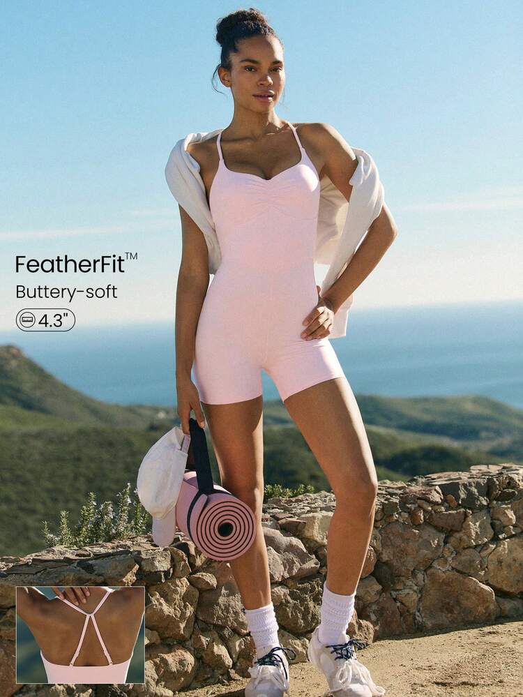 4.3" FeatherFit™ Crush Mode Buttery-Soft Stretchy Sweat-Wicking Adjustable Straps Removable Cups Gathered Bust Romper Low Impact Daily Casual Wear