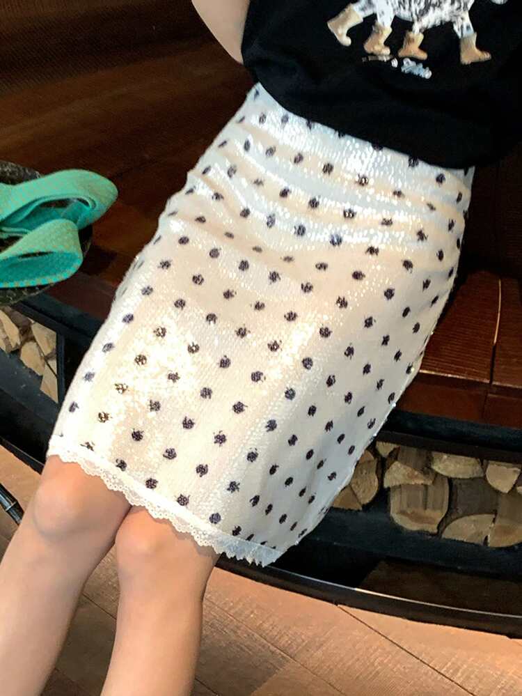 Women's Elegant Sequin Polka Dot Lace Skirt, French Design High Waist Skirt Summer