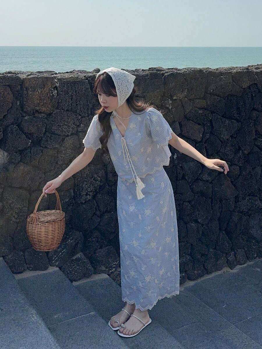 DAZY 女士条纹短泡泡袖流苏前系带上衣和半裙休闲两件套 - 藍色 - 查看 1